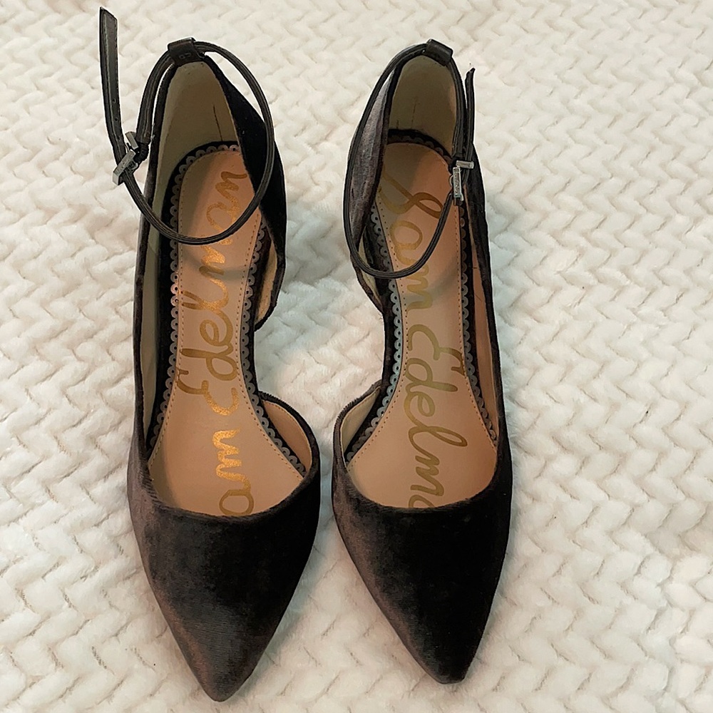 Grey suede strap heels